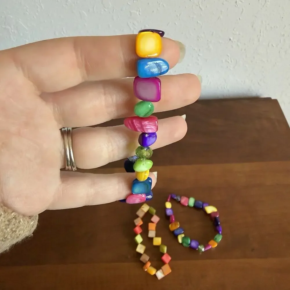Colorful Stone Beaded Stretch Bracelets Lot of 3 Bright Mixed Gemstone Girlhood